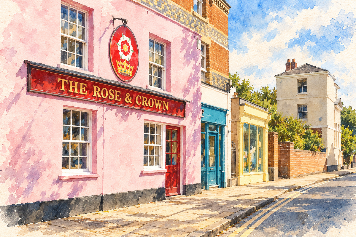 Watercolour of the Rose and Crown’s pink frontage on North Parade, Oxford.