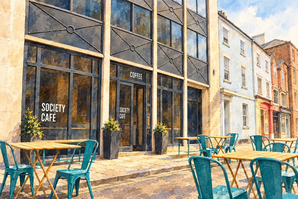 Watercolour of Society Café’s tall glazed frontage on St Michael’s Street, Oxford.