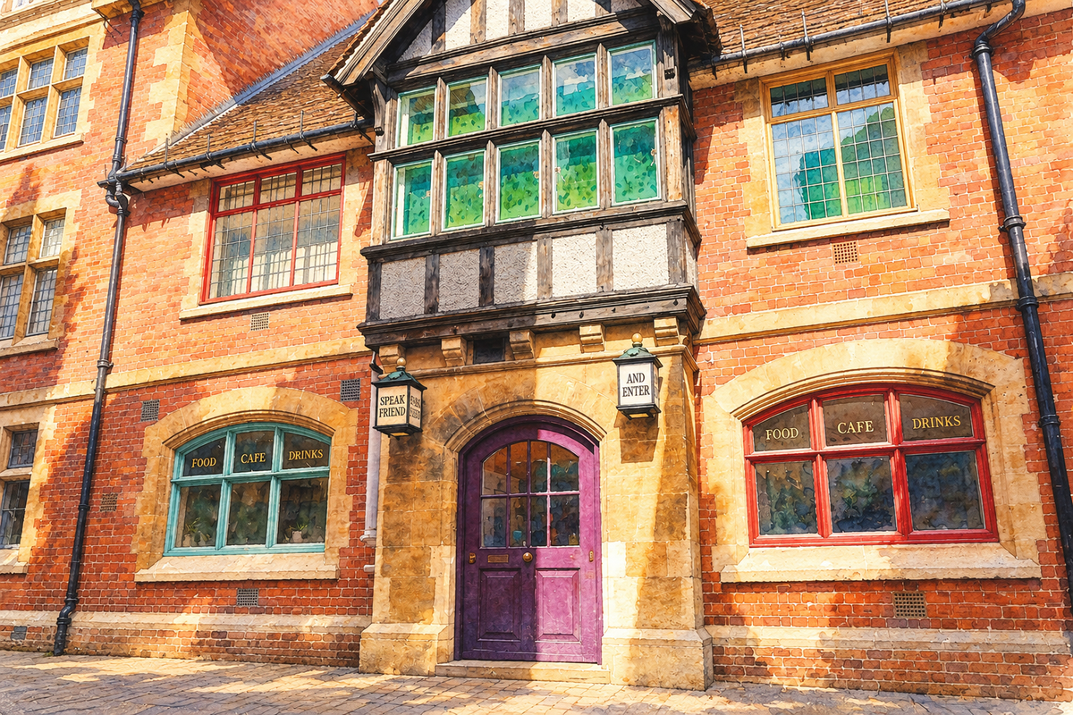Watercolour of the Story Museum’s purple doorway and timber bay on Pembroke Street, Oxford, a setting for Alice’s Day.