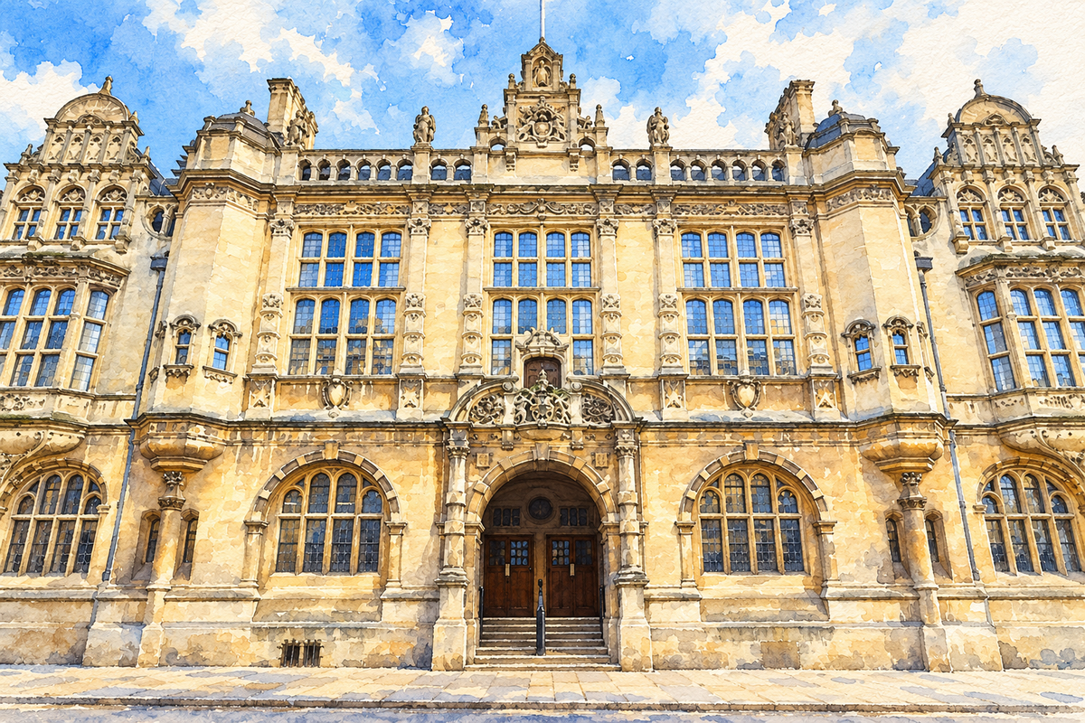 Watercolour of Oxford Town Hall on St Aldates, a venue associated with Oxford Open Doors.