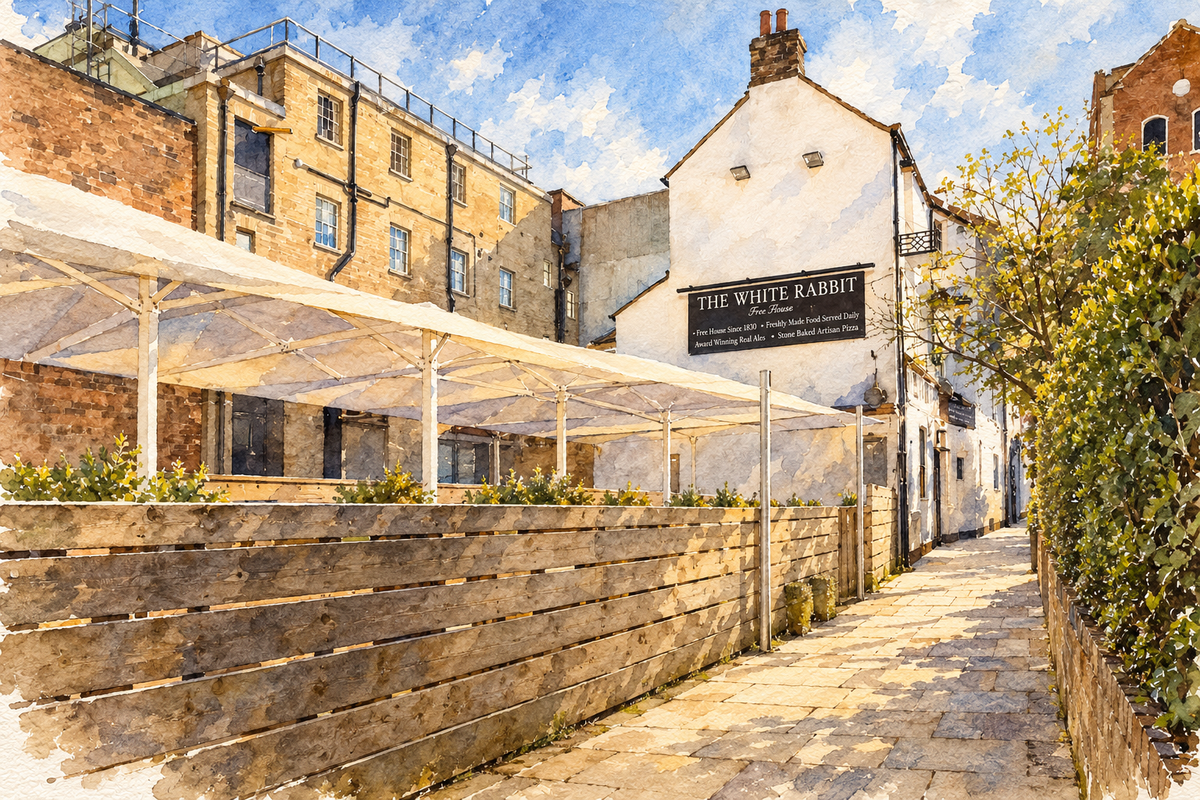Watercolour of the White Rabbit pub’s gable and passage at Friars Entry, Oxford.