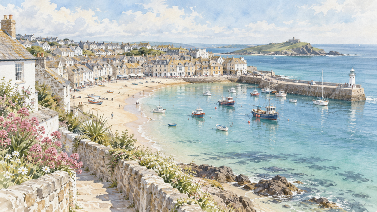 Loose hand-painted watercolour of St Ives harbour in Cornwall