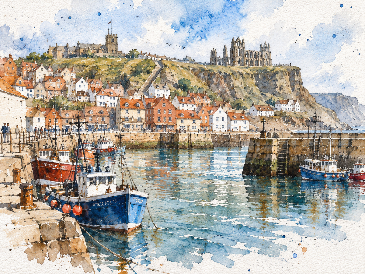 Hand-painted watercolour of Whitby harbour and Whitby Abbey for the Countrylook Awards