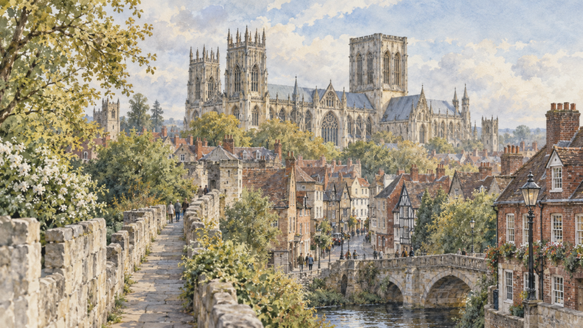 Loose hand-painted watercolour of historic York and York Minster